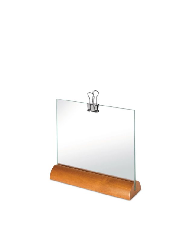 (image for) ALESSI – Portafotografie in vetro, con base in legno, senza cornice, con vetrini che si bloccano tramite una clip in metallo e plastica