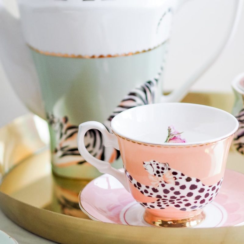 YVONNE ELLEN - Tazza da tè in porcellana Bone china, con piattino,  disponibile nelle versioni con animali *Ghepardo* e *Tigre* - Idea Casa Più