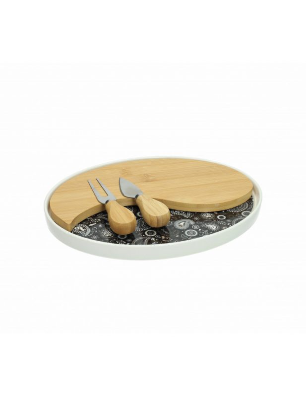 (image for) BRANDANI – “SHANTI” Tagliere nero porcellana / bamboo, con 2 coltelli formaggio in acciaio inox