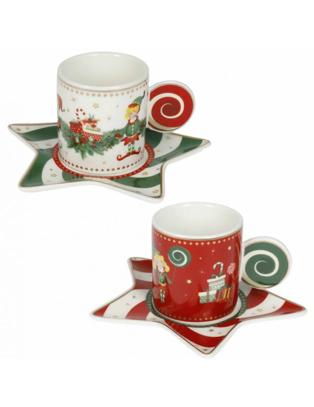 BRANDANI - ELFOMAGIA Set 2 tazze in porcellana con piattini a forma di  stella, in porcellana new bone china, colori *Bianco / verde* e *Bianco /  rosso* - Idea Casa Più