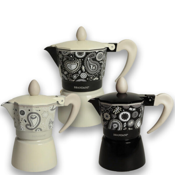 BRANDANI - "SHANTI" Caffettiera in alluminio, disponibile nei colori *Grigio/Crema* o *Nero* da *1 tazza* e *3 tazze*