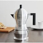 ALESSI - "PULCINA" Caffettiera espresso in fusione di alluminio, con manico e pomolo nero (color inox) o full color (tutta nera), disponibile in 3 varianti, *1 tazza*, *3 tazze*, *6 tazze* - Inox e Nero, 6 tazzine