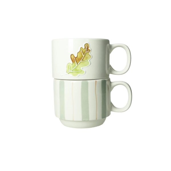 BRANDANI - "LE ZUCCHE" Set 2 tazze impilabili Foglia e Righe, con decori autunnali