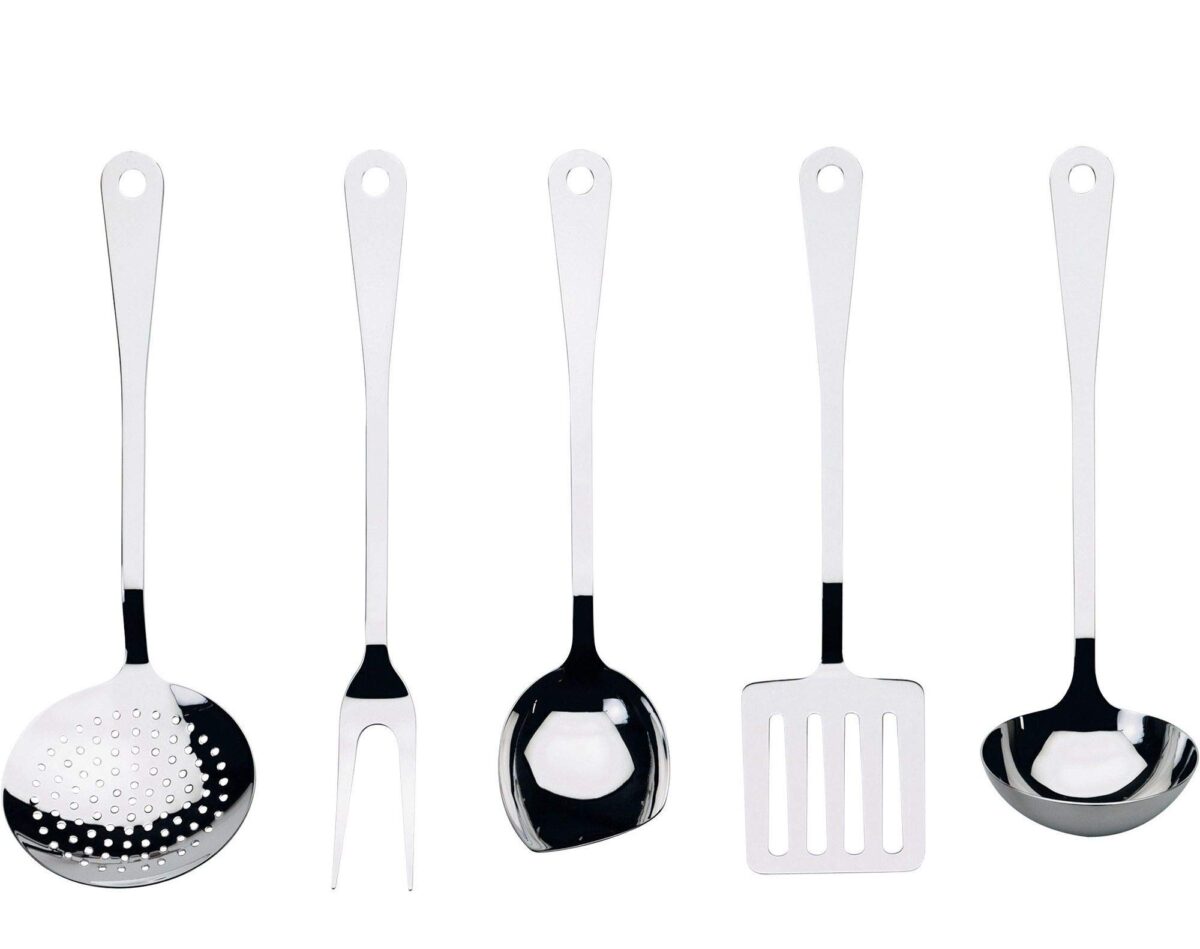 ALESSI - "AJM19" Servizio di posate da cucina 5 pezzi, composto cucchiaio da cucina, forchettone, mestolo da cucina, paletta da cucina, schiumarola in acciaio inox 18/10 - immagine 1