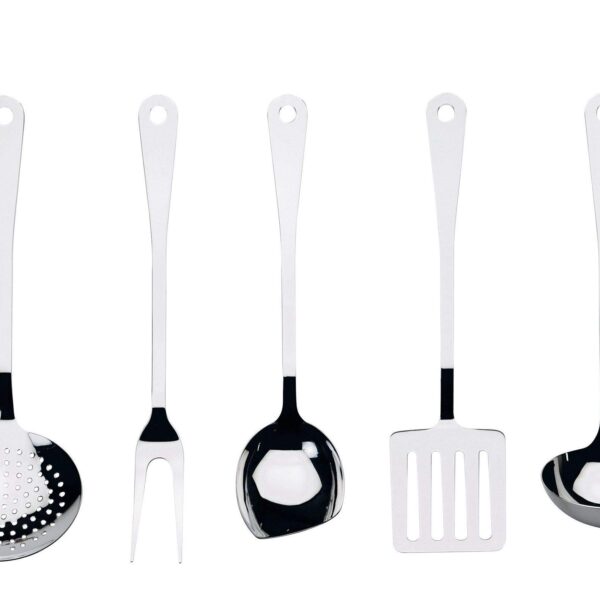 ALESSI - "AJM19" Servizio di posate da cucina 5 pezzi, composto cucchiaio da cucina, forchettone, mestolo da cucina, paletta da cucina, schiumarola in acciaio inox 18/10