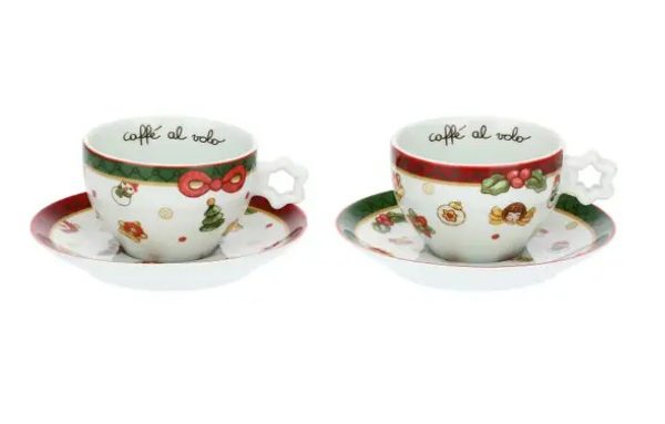 THUN - "MAGICO NATALE" Set 2 tazze medie con piattino, in porcellana, decorate diversamente l'una dall'altra