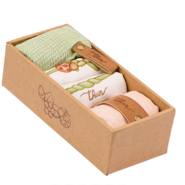 THUN - "COUNTRY BLOOM" Set 4 strofinacci in cotone, con scatola in legno