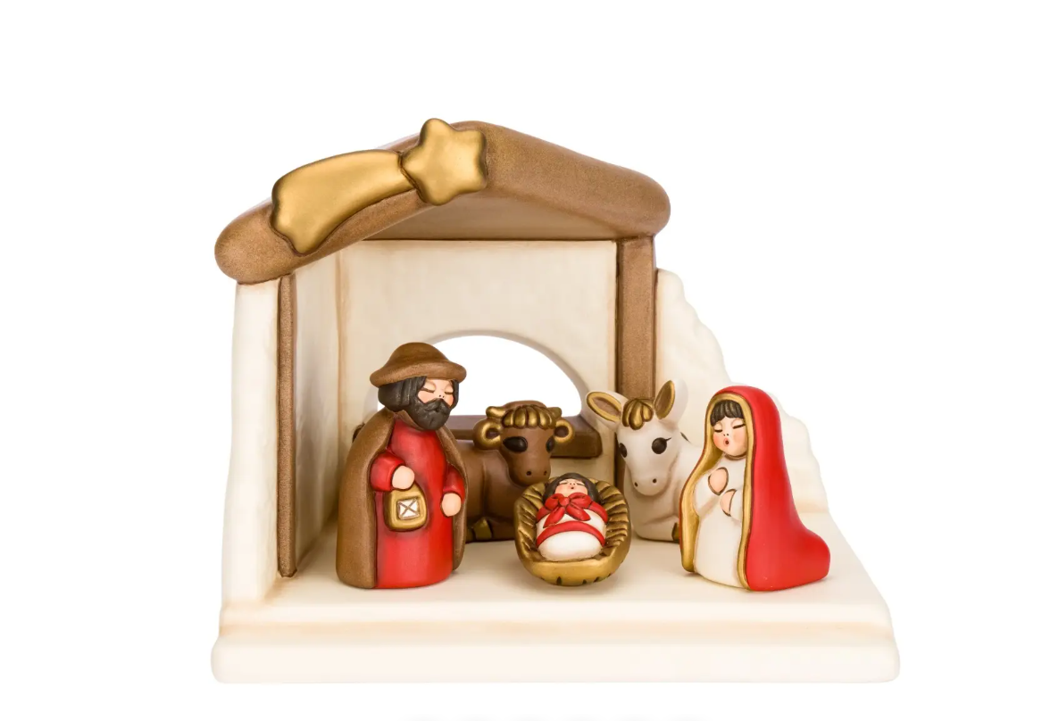 Set Capanna Sacra (6) thun - kit capanna, sacra famiglia , bue e asinello rosso